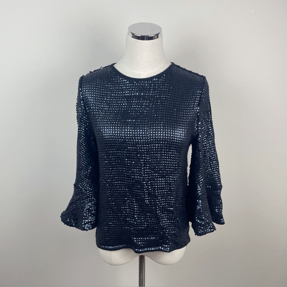 Trouve Black Sequin Bell Sleeve Blouse Top Women Size XS Extra Small Glam